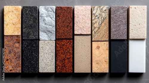 A collection of stone and countertop samples arranged in various colors and textures.