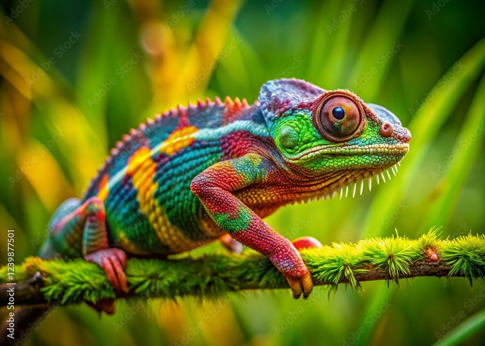 Obraz premium Tiny Chameleon on Green Branch - Candid Wildlife Photography