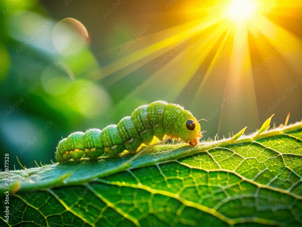 Tiny Green Caterpillar Crawling on Leaf, Close-Up Macro Shot of Insect on Plant Tiny Green Caterpillar Crawling on Leaf, Close-Up Macro Shot of Insect on Plant