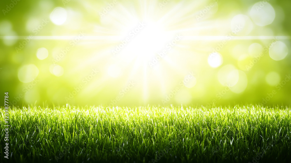 Bright sunlit grass field with glowing bokeh effect Bright sunlit grass field with glowing bokeh effect