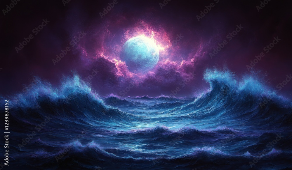Fototapeta premium Surreal Cosmic Ocean Wave Night with Luminous Moon and Tropical Vibe