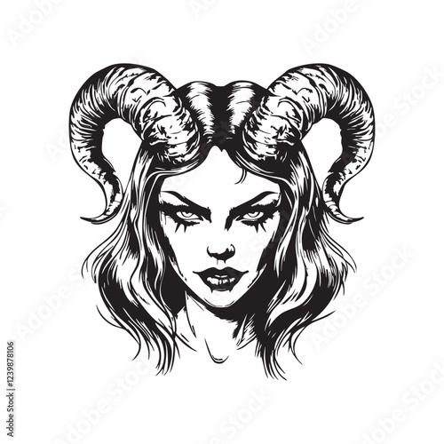 Striking monochrome vector portrait of a horned demon woman, detailed, alluring, mysterious, perfect for fantasy, gothic, or tattoo designs.