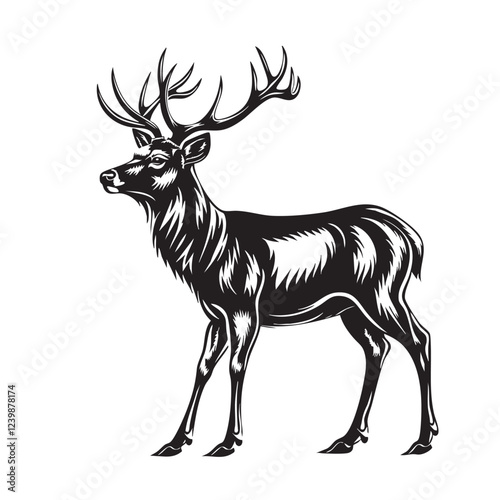 Detailed monochrome vector of a standing deer, majestic antlers, elegant, wild animal, nature, ideal for logos, prints, hunting themes. Easy editable layere, Wildlife Animals.