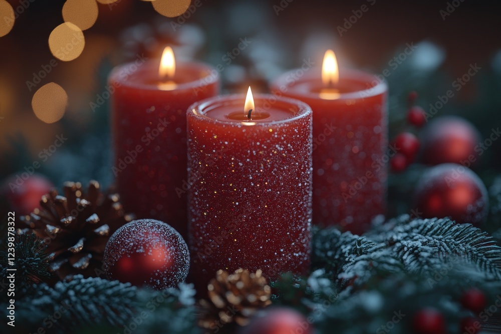 Cozy Christmas Red Candles with Green Pine Branches and Ornaments in Rustic Wooden Setting Cozy Christmas Red Candles with Green Pine Branches and Ornaments in Rustic Wooden Setting