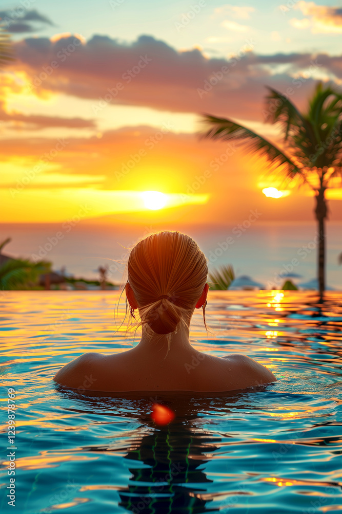 A woman is in a pool with the sun setting in the background. Scene is peaceful and relaxing A woman is in a pool with the sun setting in the background. Scene is peaceful and relaxing