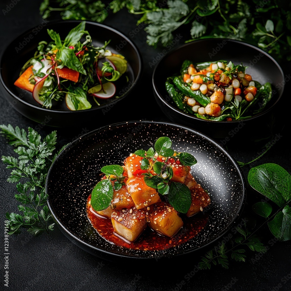 Artful gourmet dish presentation restaurant setting food dramatic lighting aerial view culinary art Artful gourmet dish presentation restaurant setting food dramatic lighting aerial view culinary art