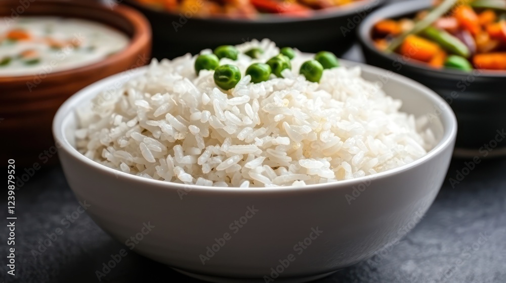 A bowl of fluffy white rice garnished with green peas, accompanied by colorful vegetable dishes. A bowl of fluffy white rice garnished with green peas, accompanied by colorful vegetable dishes.