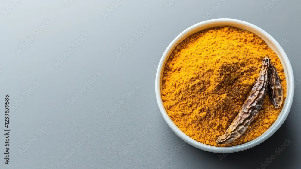 A bowl of turmeric powder with a dried turmeric root, highlighting its culinary use. A bowl of turmeric powder with a dried turmeric root, highlighting its culinary use.