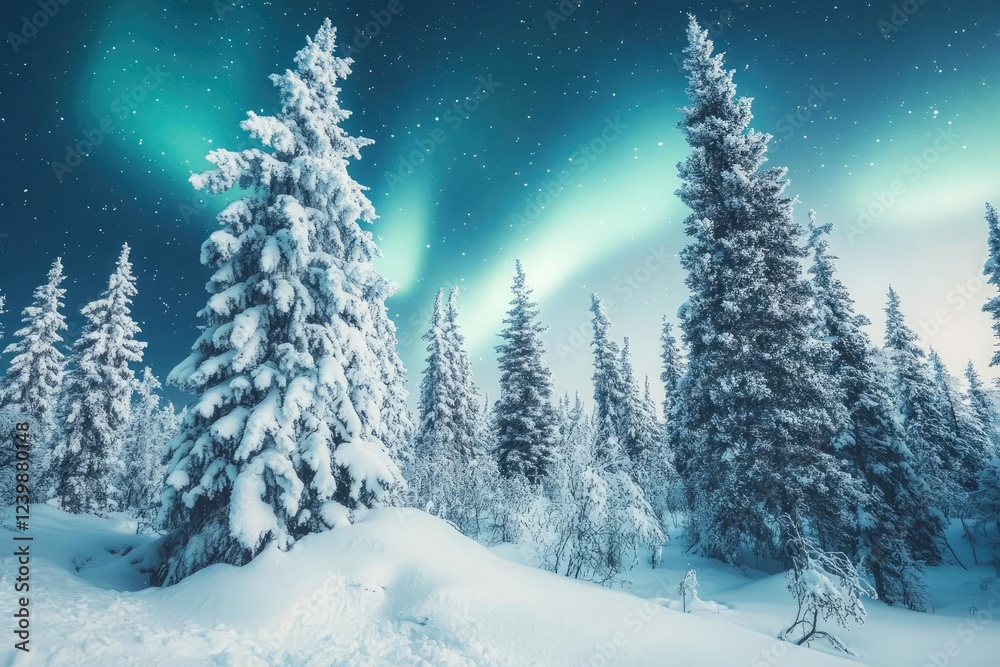 Naklejka premium enchanted winter wonderland with snowcovered pines and aurora borealis