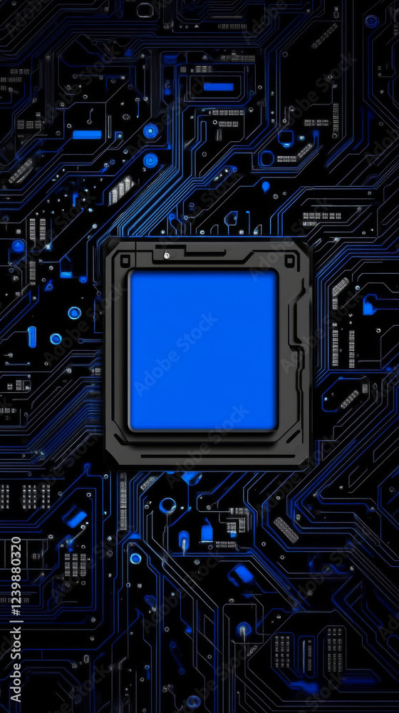 Fototapeta premium Blue microchip on circuit board background