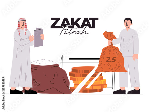 Zakat Eid Fitr Muslim Islam obligation sharing caring help poor people charity money box rice giving receiving arabian people clothes icon design set
