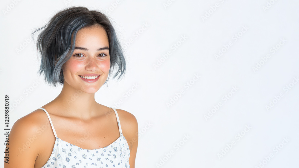 Blue hair woman wearing a white dress with a rose pattern smiling isolated Blue hair woman wearing a white dress with a rose pattern smiling isolated