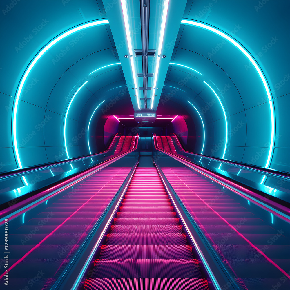 Obraz premium liminal place escalator, neon lights, 3d render 