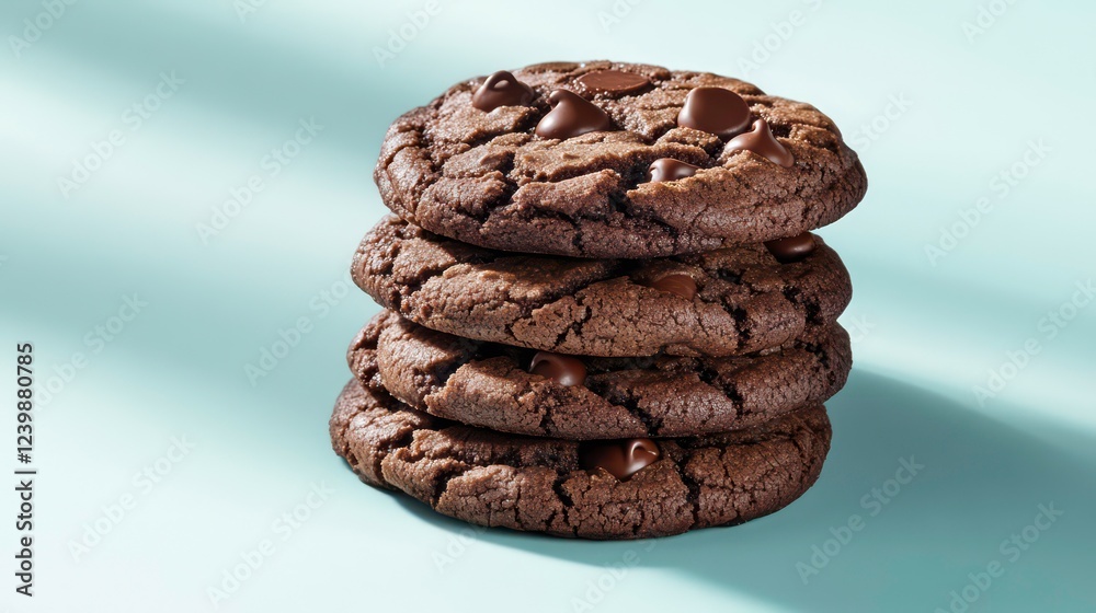Stack of four delicious chocolate chip cookies on a light blue background. Stack of four delicious chocolate chip cookies on a light blue background.