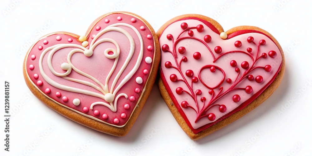 Two Heart Shaped Valentine's Day Cookies with Pink and Red Icing Decorations on White Background Two Heart Shaped Valentine's Day Cookies with Pink and Red Icing Decorations on White Background