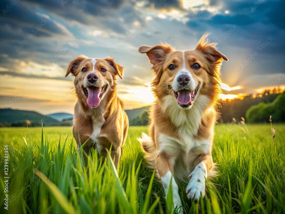 Two Playful Dogs Frolicking in a Lush Green Field Two Playful Dogs Frolicking in a Lush Green Field