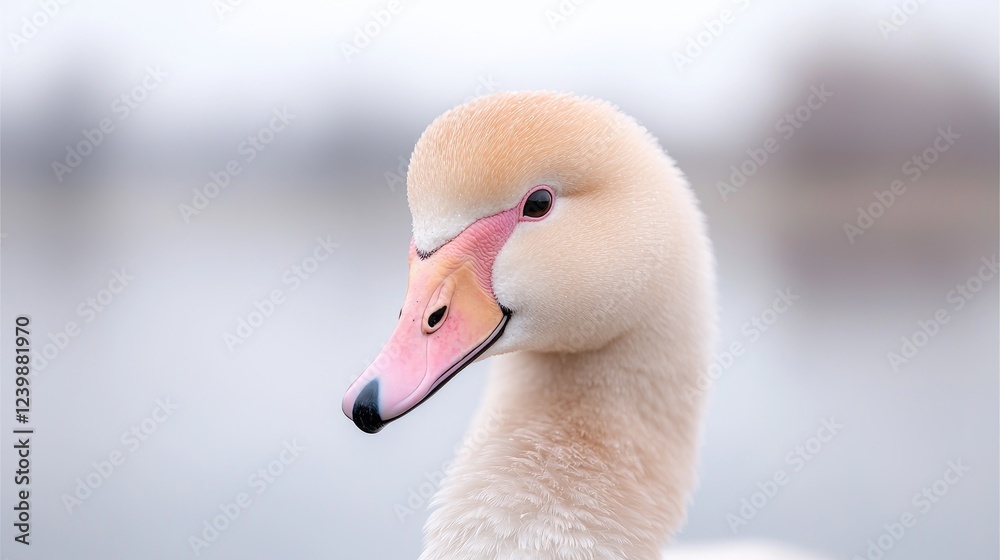 Obraz premium Young swan portrait, lake background, wildlife nature