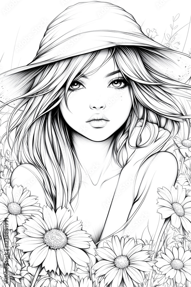 Fototapeta premium A woman with long blonde hair is wearing a straw hat and standing in a field of flowers. The flowers are yellow and white, and the woman's hair is flowing in the wind. The scene is peaceful and serene