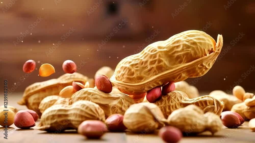 Close-up of peanuts scattered on a wooden surface