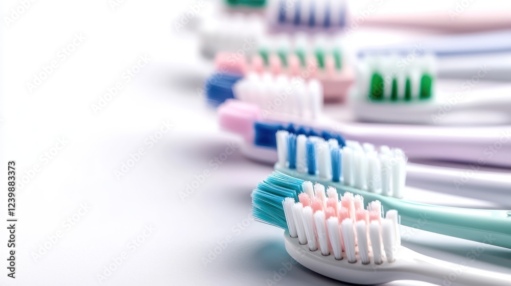 A row of colorful toothbrushes arranged neatly on a white background. A row of colorful toothbrushes arranged neatly on a white background.