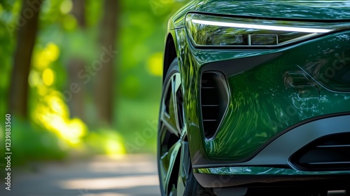 Closeup of sleek electric vehicle parked among green foliage, highlighting sustainable, environmentally friendly transportation design photo