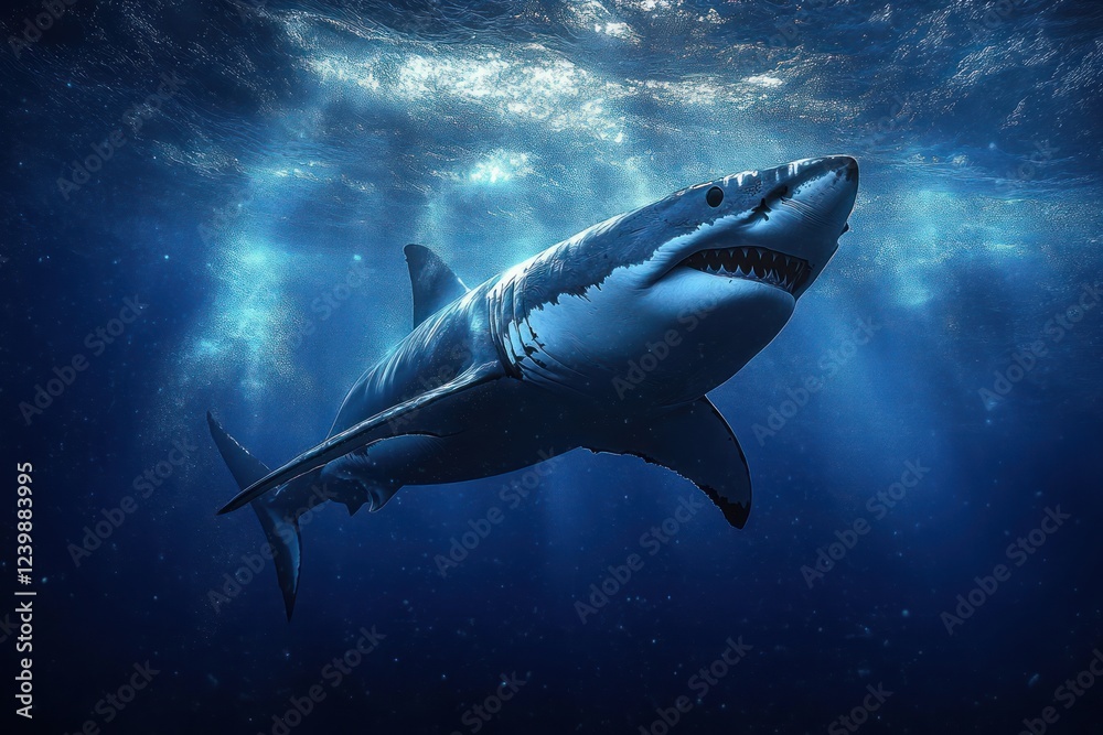 Fototapeta premium Great White Shark Diving in Blue Ocean Predator Underwater Photography