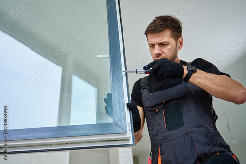 Skilled worker wearing gloves uses screwdriver to fix window frame, home renovation tasks. Professional repairman adjusting white pvc windows in modern building