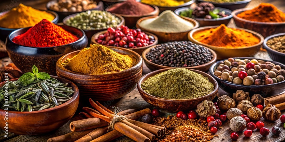 Fototapeta premium Vibrant Array of Spices in Warm Natural Light