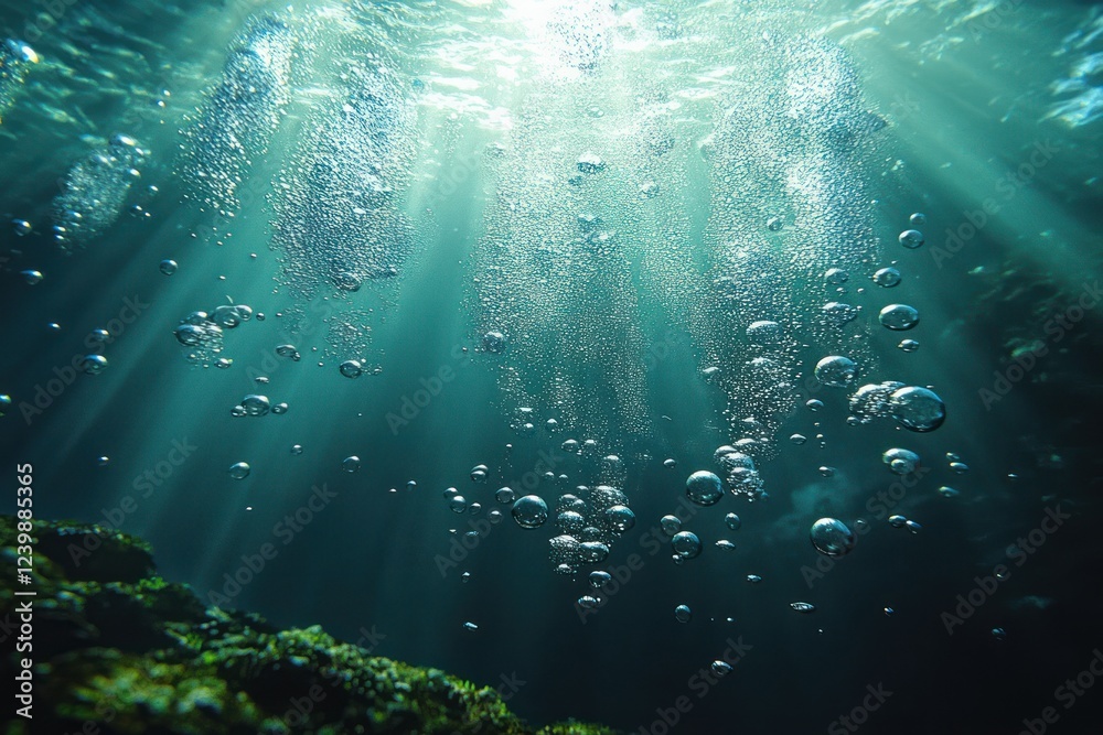 Obraz premium Underwater Scene of Blue Ocean Water with Air Bubbles, Scuba Divers, and Sunrays Creating a Serene Atmosphere