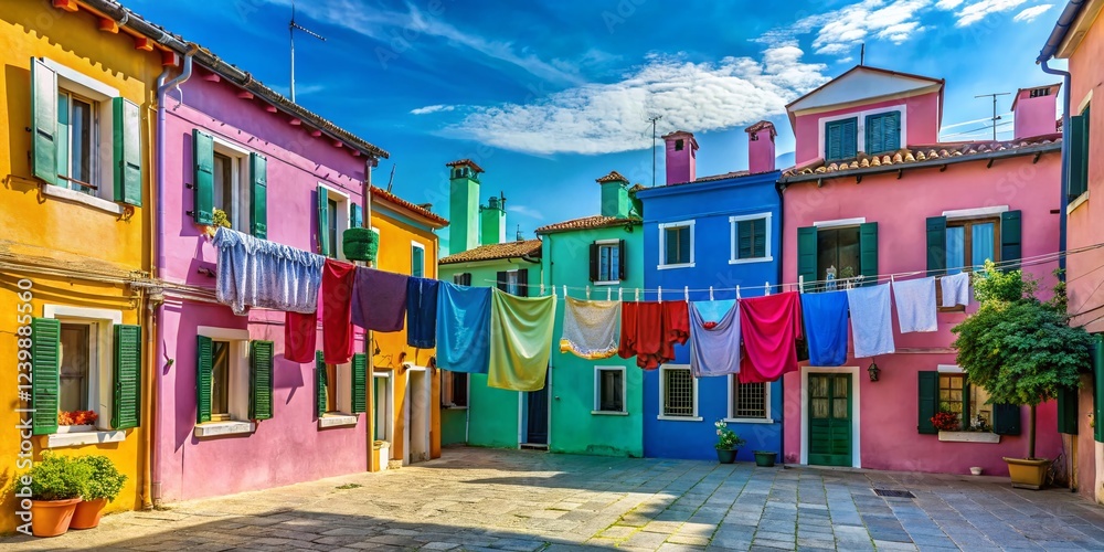 Fototapeta premium Vibrant Burano Island Laundry Line with Colorful Houses