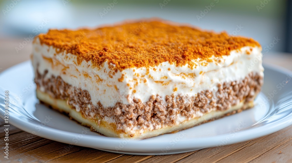 A slice of layered dessert with cream and a crumb topping on a plate. A slice of layered dessert with cream and a crumb topping on a plate.