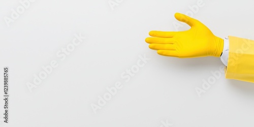 Telemedicine Concepts. Yellow gloved hand reaching out against a plain background.
