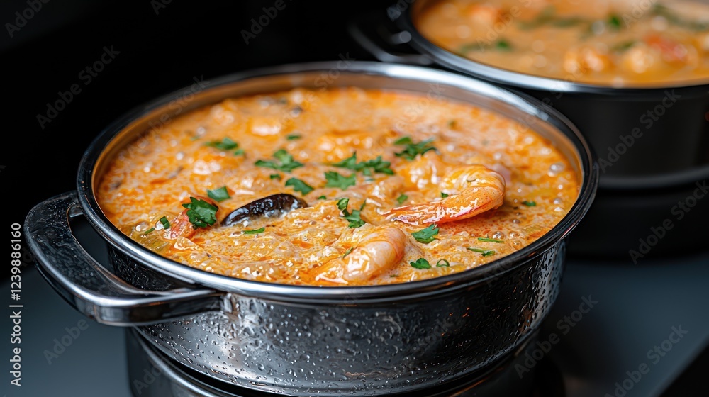 A close-up of a pot filled with shrimp and creamy sauce, garnished with herbs. A close-up of a pot filled with shrimp and creamy sauce, garnished with herbs.