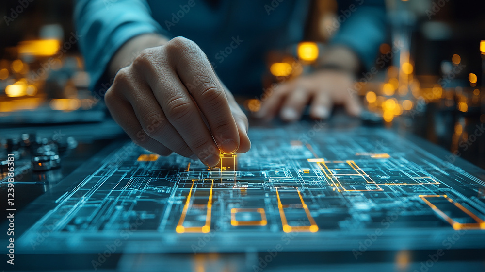 Digital Technology Innovation Futuristic Interface Design Programmer Hand Placing Circuit Board Digital Technology Innovation Futuristic Interface Design Programmer Hand Placing Circuit Board