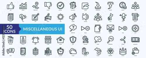Miscellaneous UI icon collection set with like, graph, direction, dislike, verified