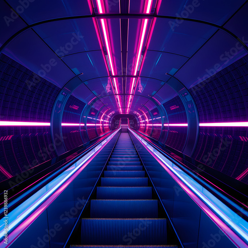 liminal place escalator, neon lights, 3d render 