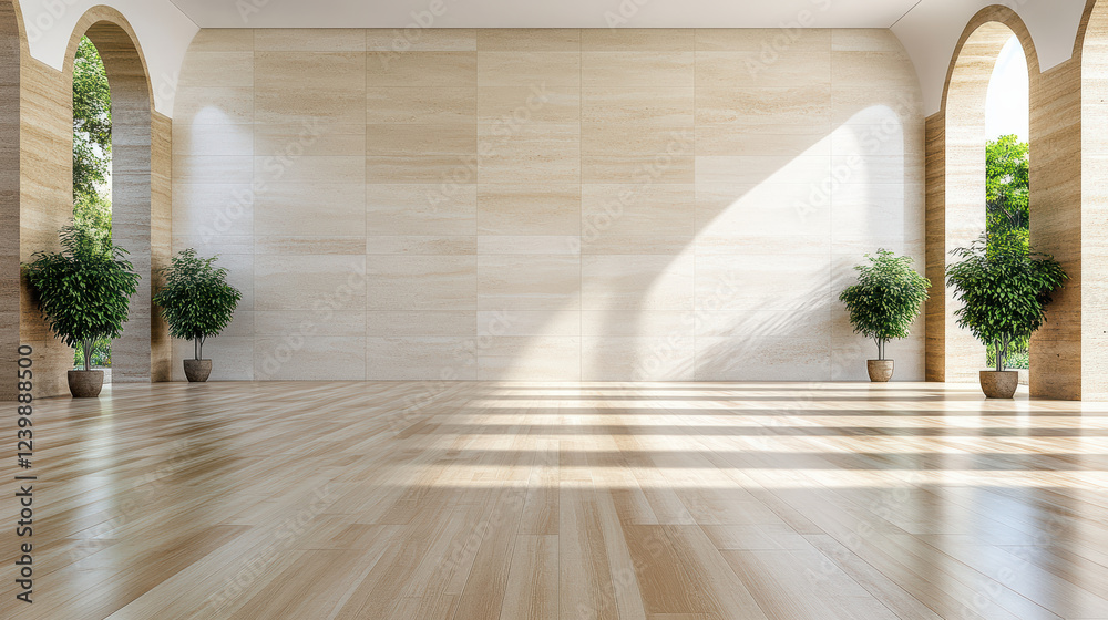 Fototapeta premium Spacious architectural hallway with arches and natural light streaming in