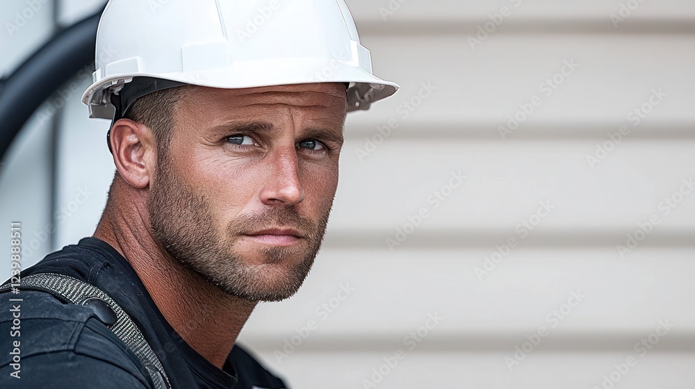 A construction worker in a hard hat gazes thoughtfully, emphasizing focus and determination. A construction worker in a hard hat gazes thoughtfully, emphasizing focus and determination.