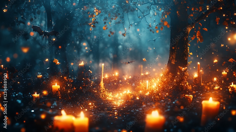 Enchanting Forest Path Illuminated by Candles and Falling Leaves Enchanting Forest Path Illuminated by Candles and Falling Leaves