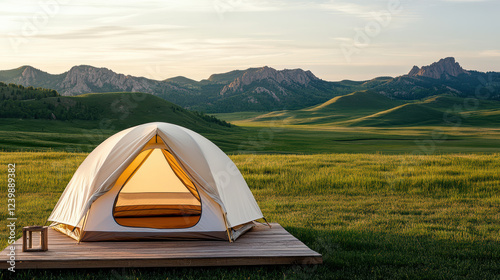 minimalist tent setup on high plateau with stunning mountain views
