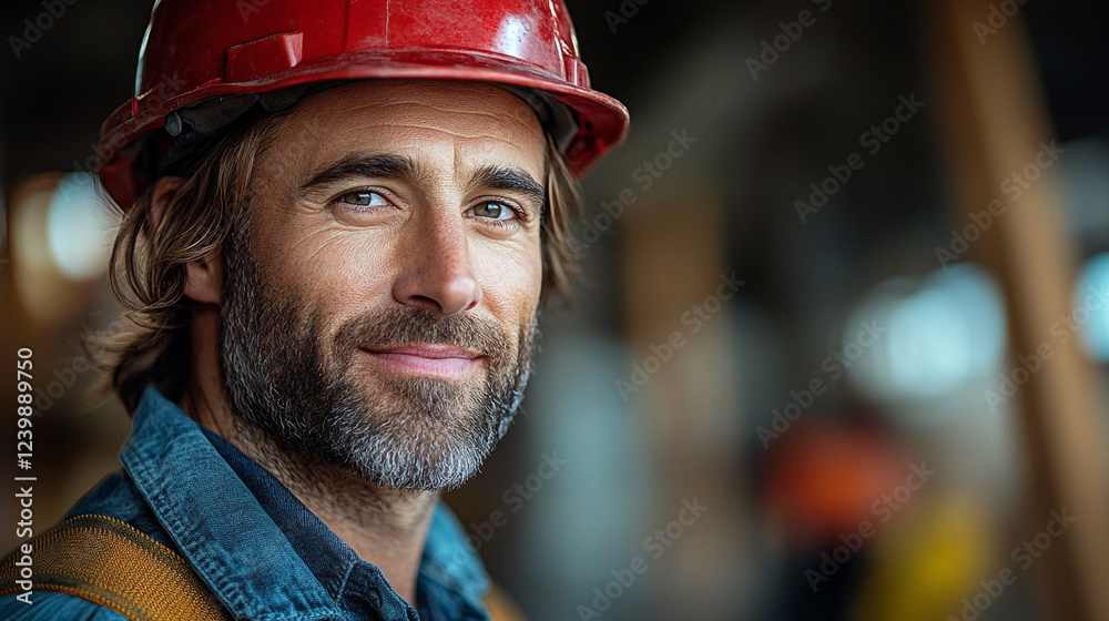 Portrait Confident Construction Worker Red Helmet Smiling Man Job Blue Hair Male Team Site Happy Portrait Confident Construction Worker Red Helmet Smiling Man Job Blue Hair Male Team Site Happy