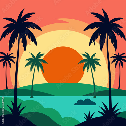 Vector tropical landscape with tall palm trees against the backdrop of sunset or sunrise. A pond with lush greenery, many palm trees of different sizes.