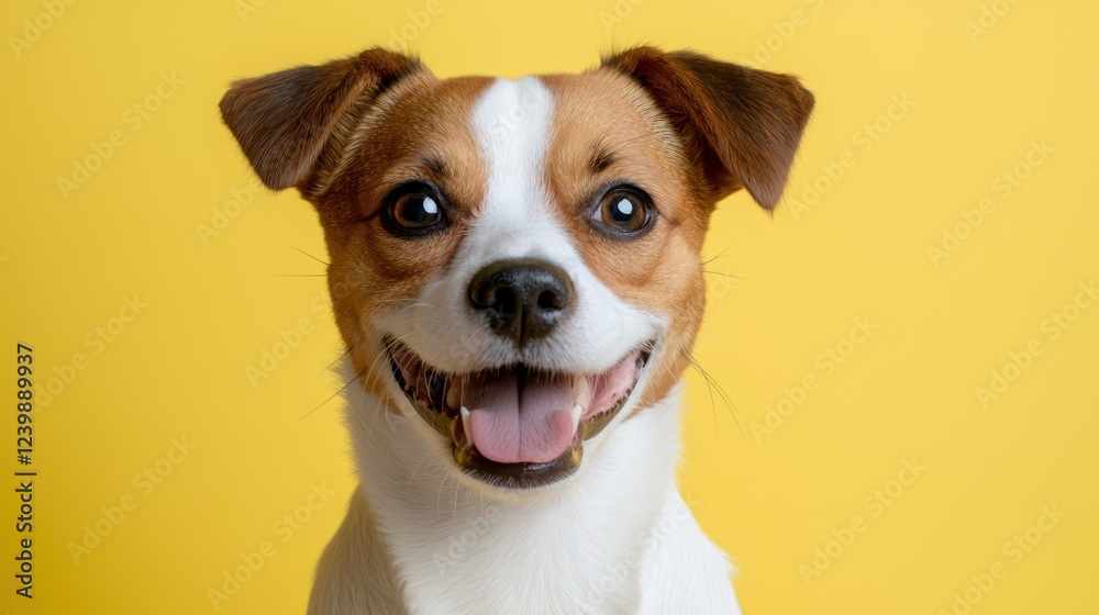 A smiling dog with brown and white fur against a bright yellow background.