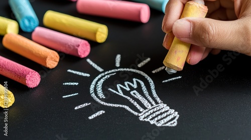 A hand drawing a light bulb with colorful chalk on a black surface. photo