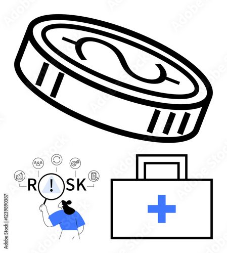 Coin with dollar sign, woman analyzing risk management, and medical kit. Ideal for finance, healthcare, risk assessment, investment strategy, money management, business planning abstract line flat