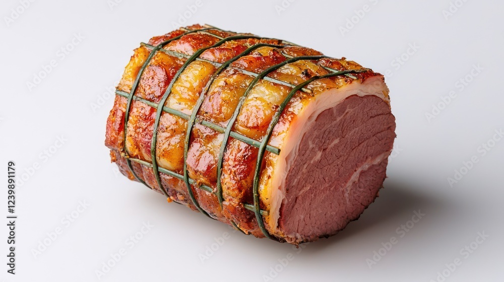 A beautifully cooked meat roast, tied with string, showcasing its juicy interior. A beautifully cooked meat roast, tied with string, showcasing its juicy interior.