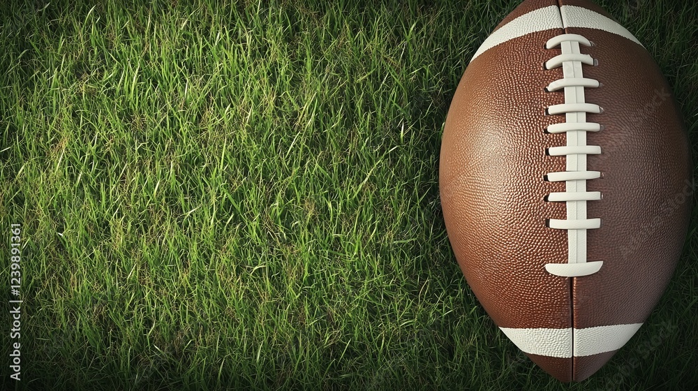 Obraz premium American Football Ball on Green Grass Field, Highlighting the Texture and Detail of the Ball with Natural Outdoor Lighting 