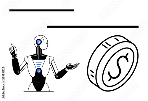 Robot with cyborg elements gesturing near dollar coin, symbolizing AI-driven financial decisions. Ideal for fintech, automation, future economy, innovation, robotics, AI integration, abstract concept