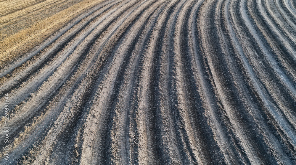 Aerial view of plowed farmland with curved rows. Aerial view of plowed farmland with curved rows.