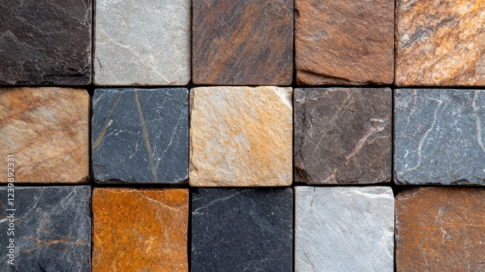 A grid of various colored stone tiles arranged in a structured pattern. A grid of various colored stone tiles arranged in a structured pattern.